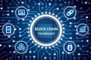 Photo showing the word "blockchain technology," and around it are icons of a chain, a laptop, a lock and fiat coins to show how this technology can be used to fight corruption