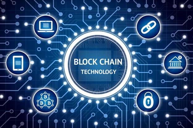 Photo showing the word "blockchain technology," and around it are icons of a chain, a laptop, a lock and fiat coins to show how this technology can be used to fight corruption