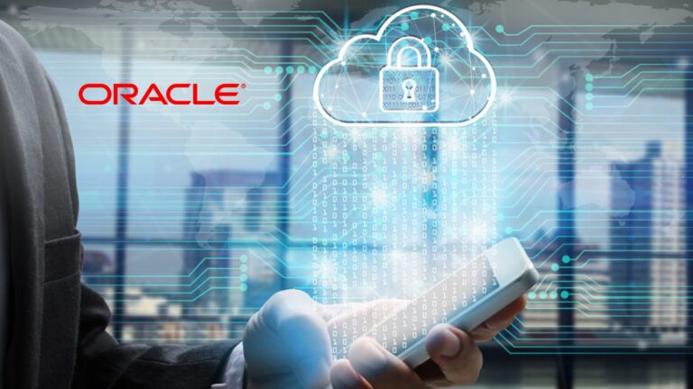 A handheld mobile phone showing the benefits of Cloud technology with Oracle logo in the background
