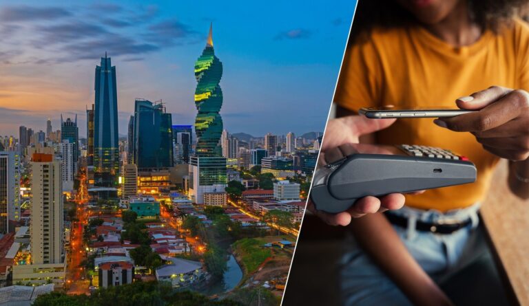 Images showing a business district and a handheld device for digital payments