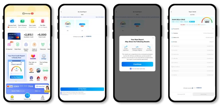 Mobile phones showing various stages while accessing credit reports in the Mocasa app