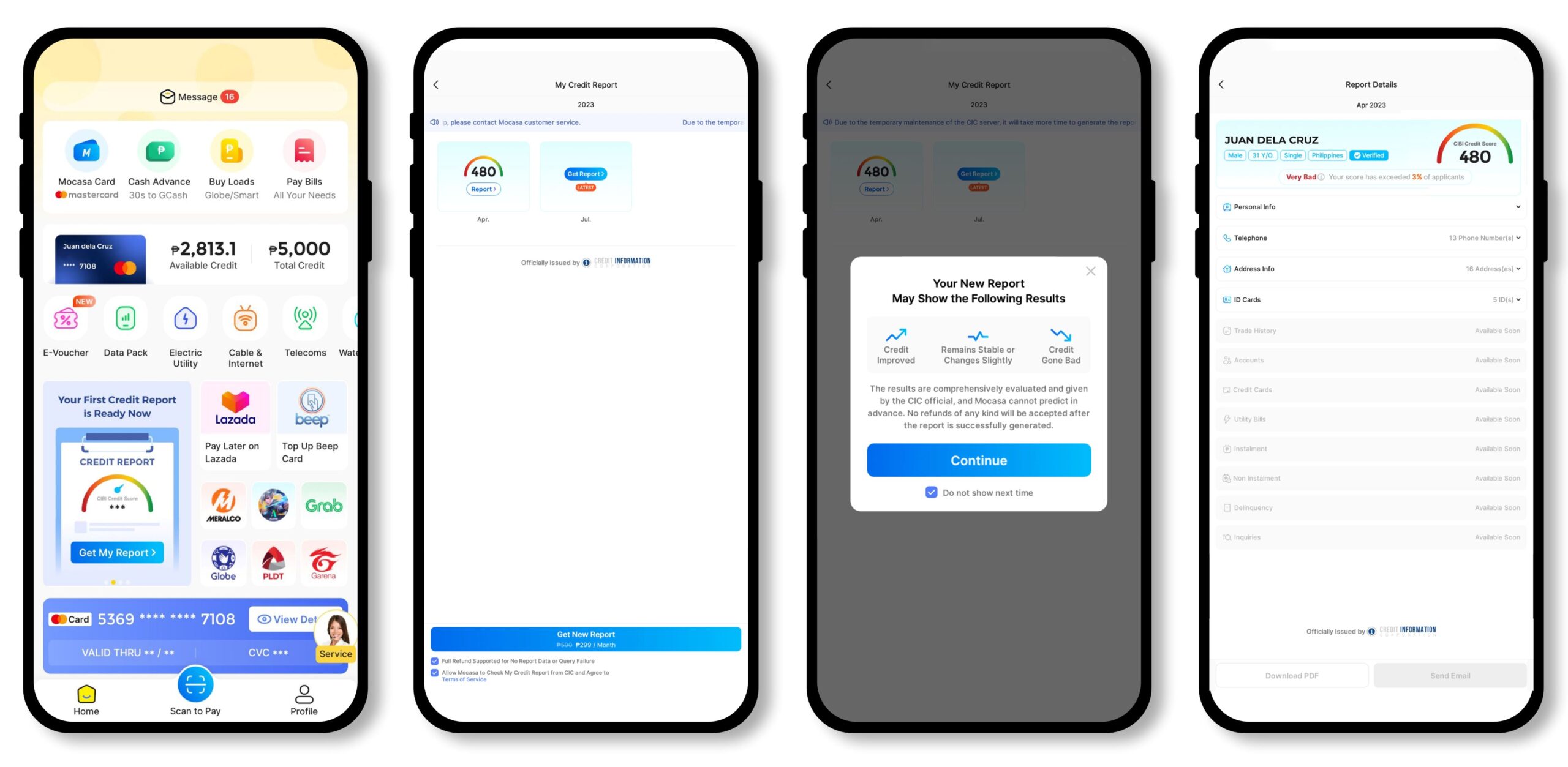Mobile phones showing various stages while accessing credit reports in the Mocasa app
