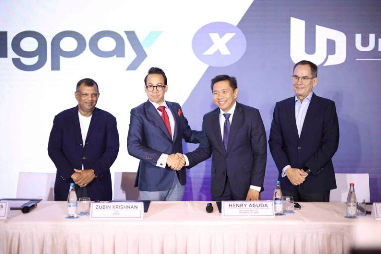 Executives of AirAsia (Capital A Bhd), BigPay, and UnionDigital Bank shake hands during the agreement signing