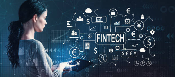 Fintech-themed background showing a woman using a tablet computer