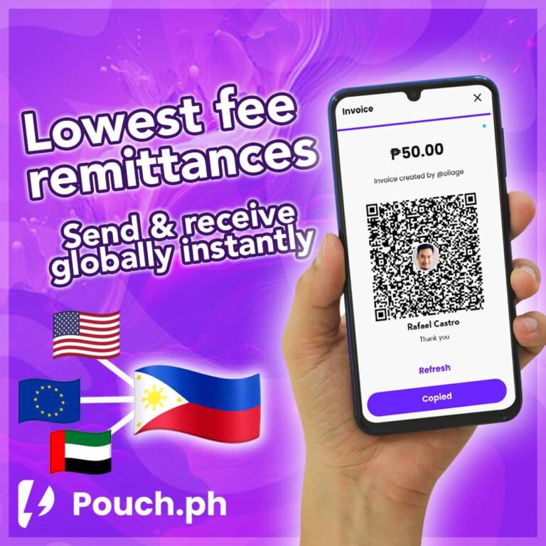 A mobile phone with the Pouch.ph app and QR code