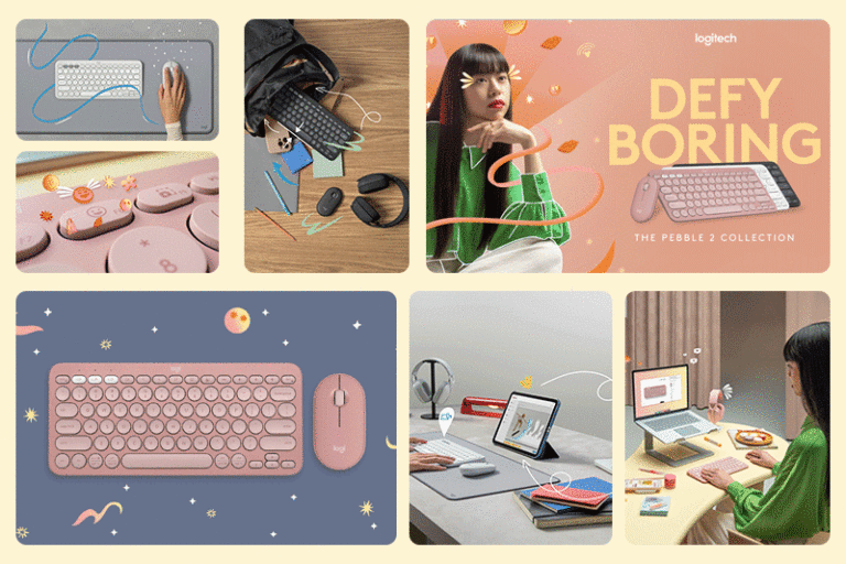 Poster featuring a girl with the latest Logitech Pebble 2 combo PC peripherals and gadgets