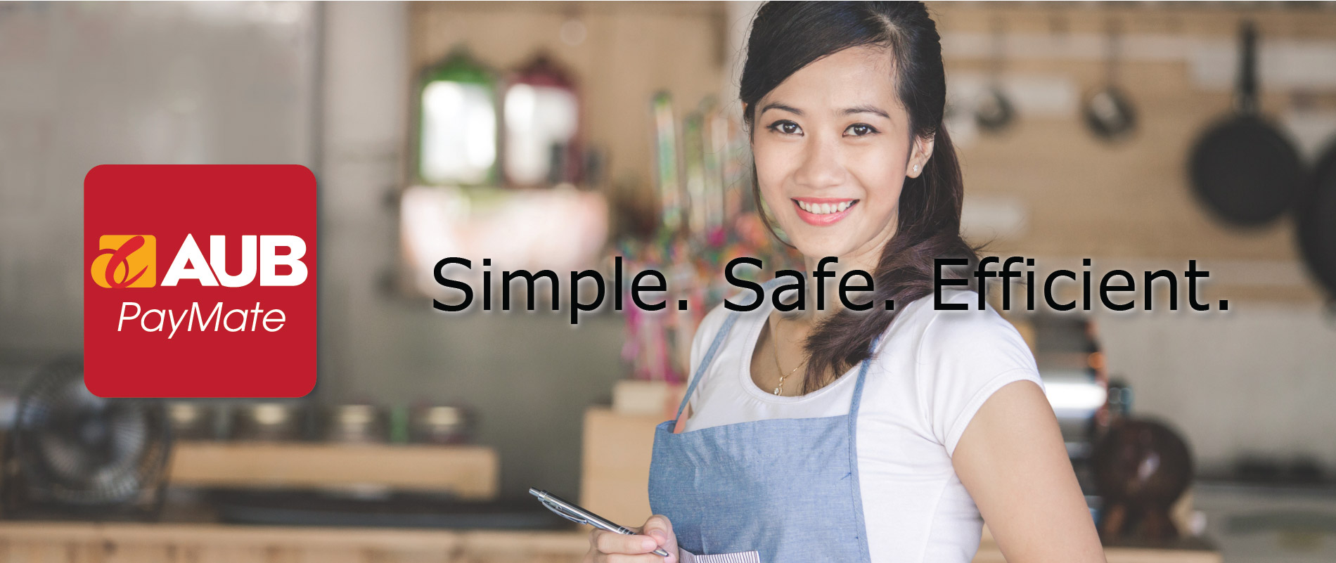PayMate banner ad featuring a woman holding a pen