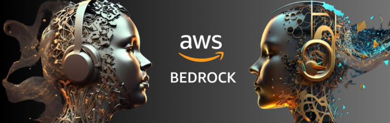 Two robot heads used to illustrate the capabilities of the new Amazon Bedrock