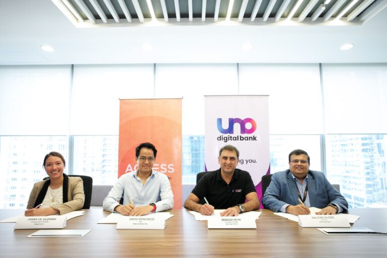 Janna De Guzman (President and Co-Founder, Bridge Access), David Bonifacio (CEO, Bridge Southeast Asia), Manish Bhai (Founder and CEO, UNO Digital Bank), and Kalidas Ghose (Chairman, UNO Digital Bank)