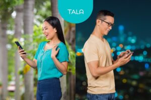 While using their mobile phones with Tala app, a man and a woman are able to secure a fintech loan