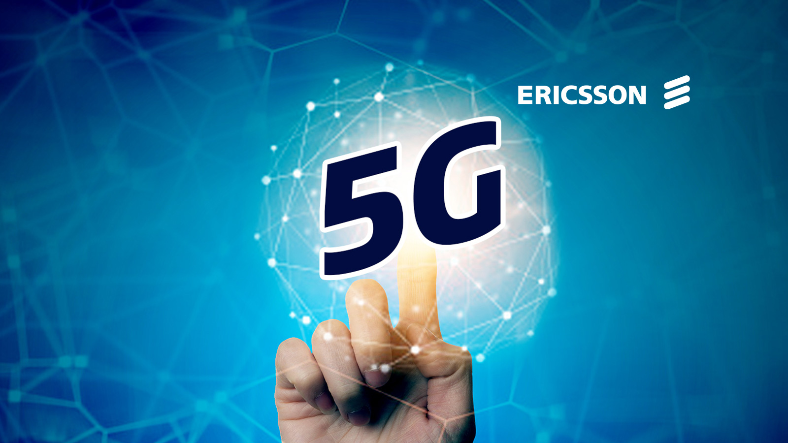 A man's hand pointing to a logo of 5G and Ericsson