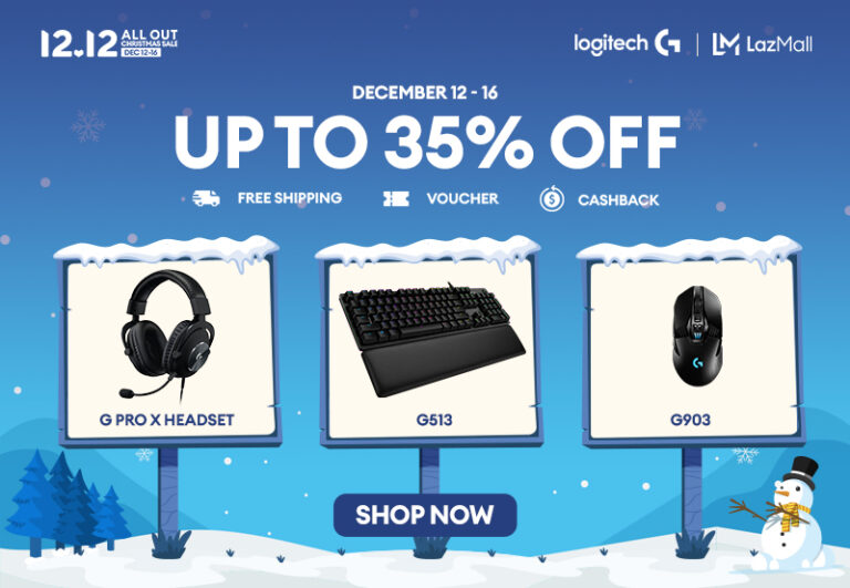 Poster announcing Logitech G's 12.12 All Out Christmas Sale at Lazada