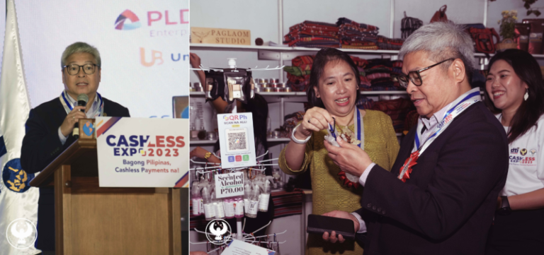 BSP Deputy Governor Tangonan together with DTI Undersecretary Mary Jean T. Pacheco while scanning a QR code to pay for goods at the Cashless Expo in Pasay City