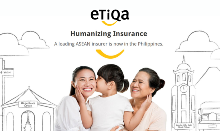 Poster showing 2 women and a child on how Etiqa is humanizing insurance