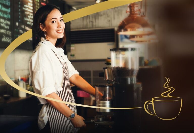 A woman entrepreneur successfully operating a coffee shop with the help of AUB