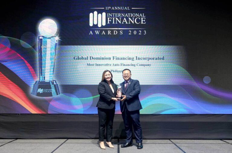 Patricia Poco-Palacios (left), President and COO of GDFI, while receiving the award for "Most Innovative Auto Financing Company" at the International Finance Awards 2023 in Bangkok, Thailand