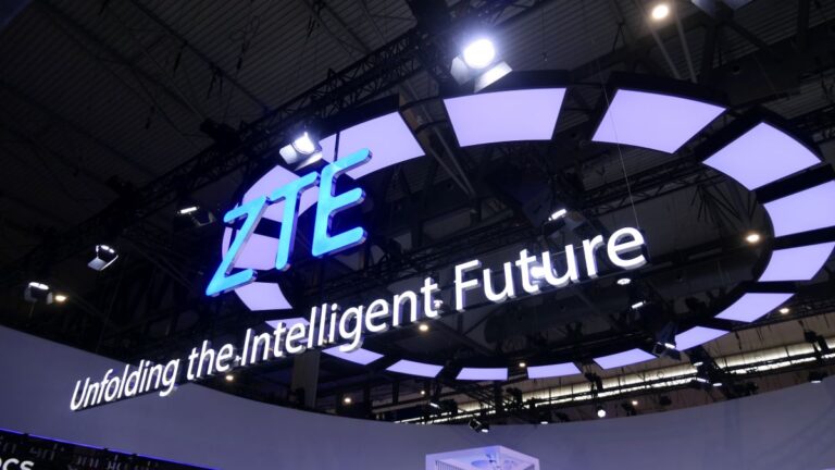 Photo of a venue setup with ZTE logo to announce the company's participation in the Mobile World Congress 2024 to be held in Barcelona