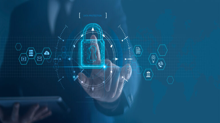 A man's finger touching a digital screen to illustrate the importance of cybersecurity