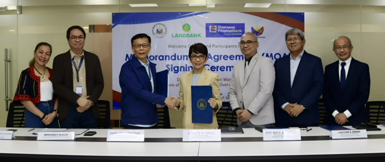 LANDBANK President Lynette V. Ortiz together with OFBank OIC Atty. Reo S. Andarino and DMW OIC-Secretary Hans Leo J. Cacdac during the signing of the tripartite MOA at DMW Office in Pasig