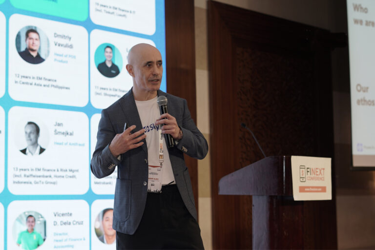 Nasim Aliev, Skyro’s co-founder and co-CEO, during his presentation at the FiNext Conference in Dubai