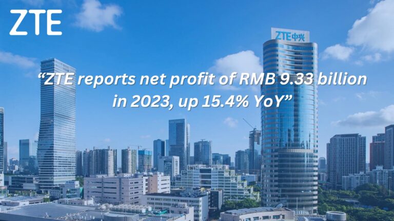 Poster showing a ZTE report that reflects a net profit of RMB 9.33 billion for the company