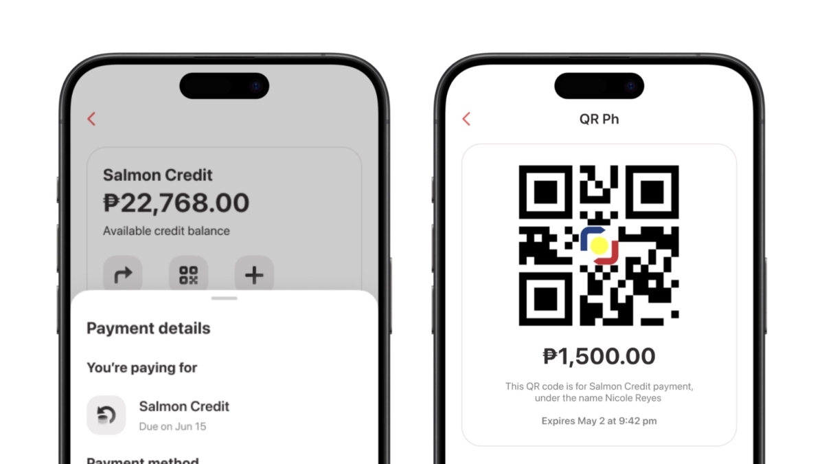 Phone screenshots that provide an example of the new QR payment solution from Salmon Group and AllBank