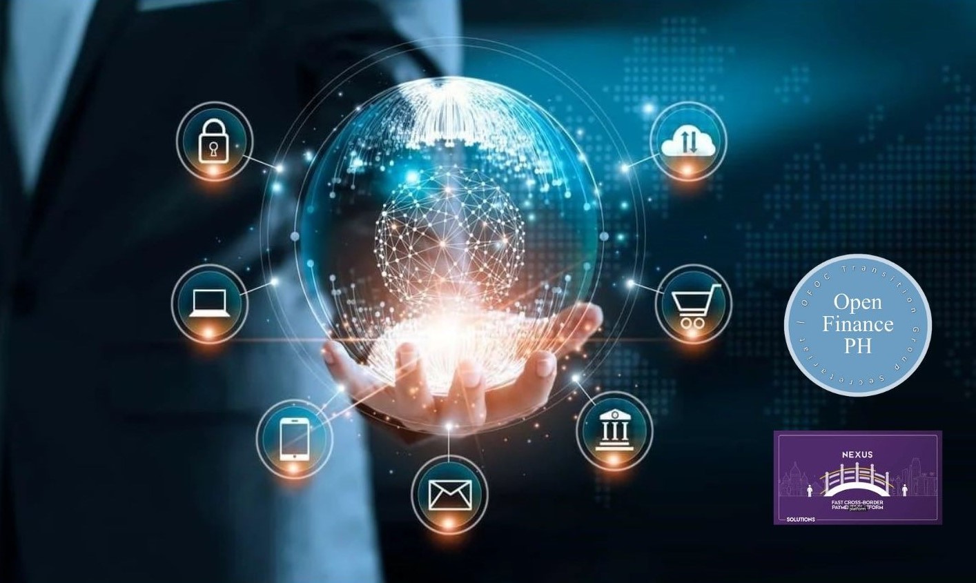 A man's hand with globe-like structure and the logos of Open Finance and Project Nexus