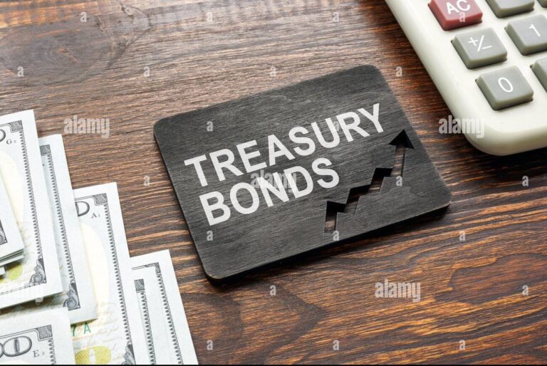Image of a block on top of a table with the words "Treasury Bonds"
