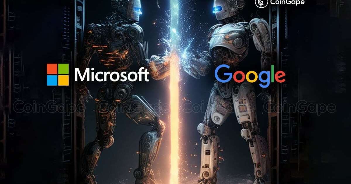 Two robots representing Google and Microsoft in a face off