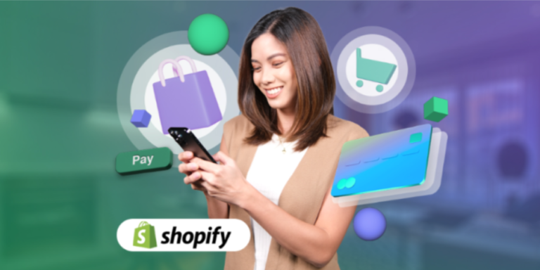 Poster showing a girl using a mobile phone to shop online using Shopify