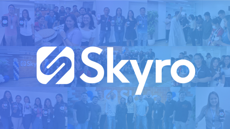 Photo collage of Skyro's employees under the Skyro logo