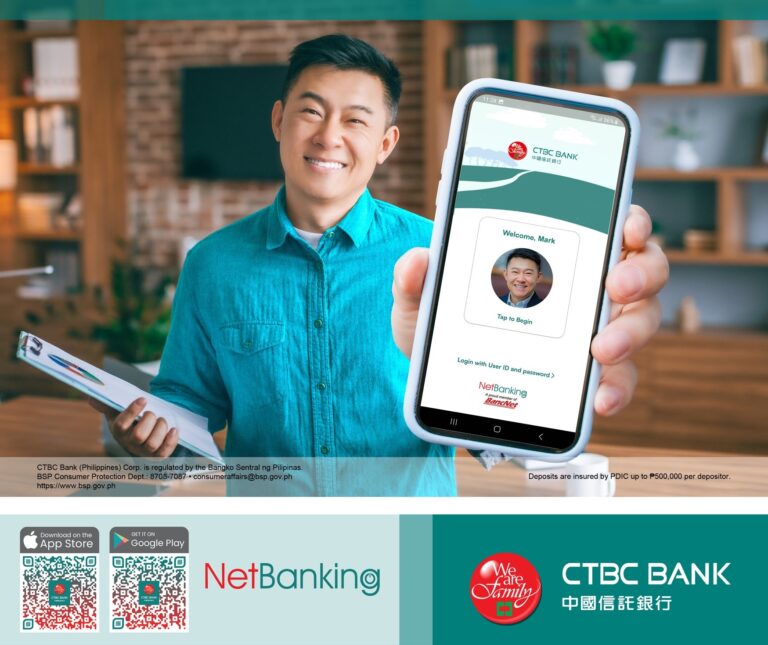 A man holding a mobile phone with the CTBC Bank Philippines' newest mobile app
