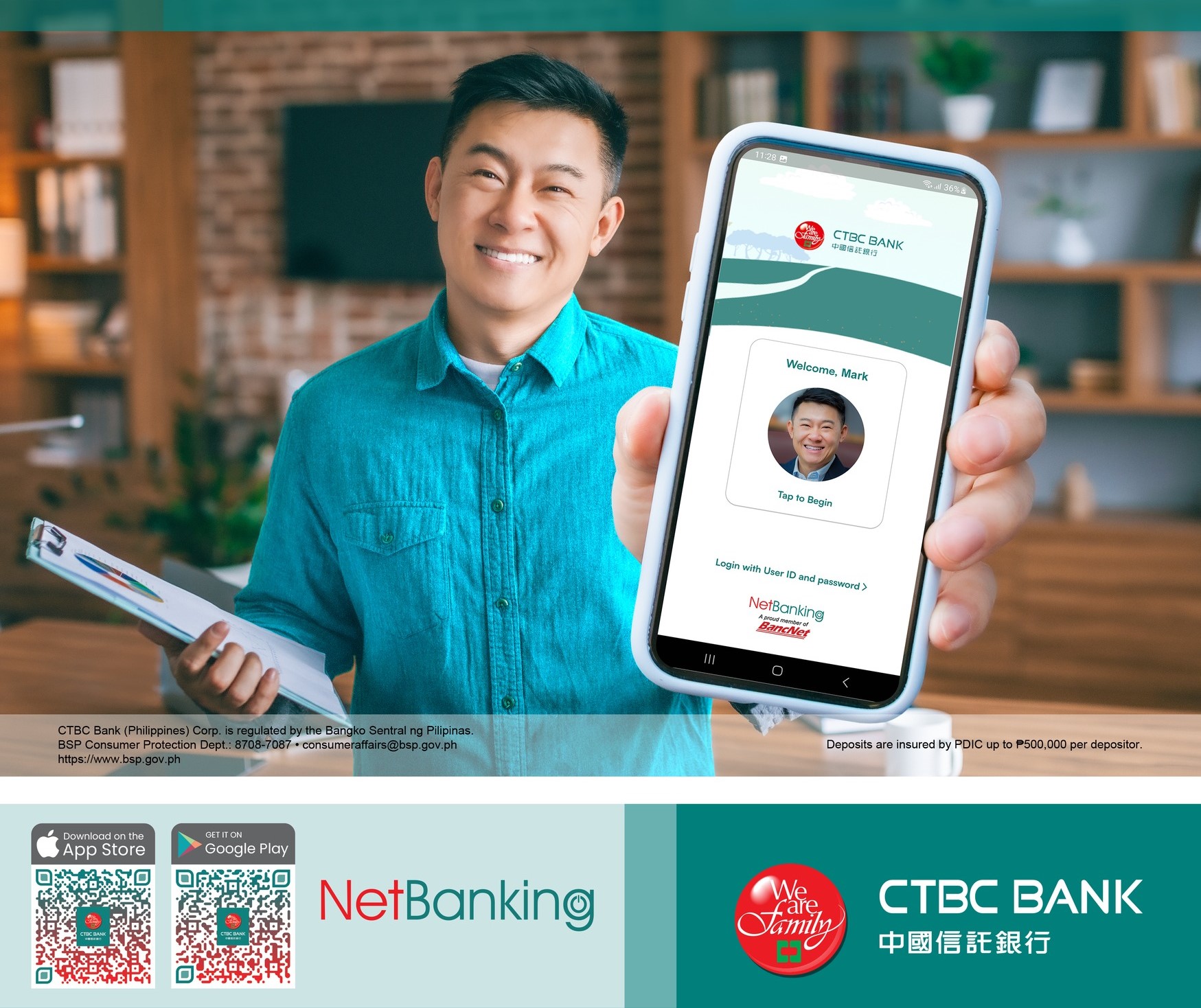 A man holding a mobile phone with the CTBC Bank Philippines' newest mobile app