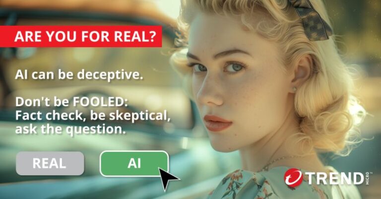 Poster from Trend Micro showing an example of deepfake or that a woman's face that has been digitally altered