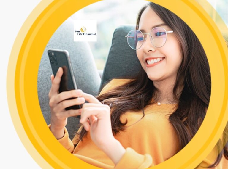 A woman using her mobile phone with Sunlife logo in the background