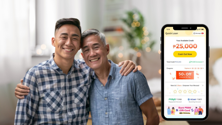 Image of a man and his dad, smiling happily. At the background is a mobile phone with the Mocasa app.