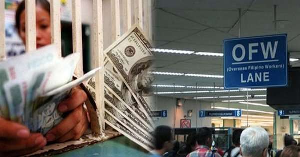 Photo from BSP showing a female OFW at a money remittance center; at right is the money being sent