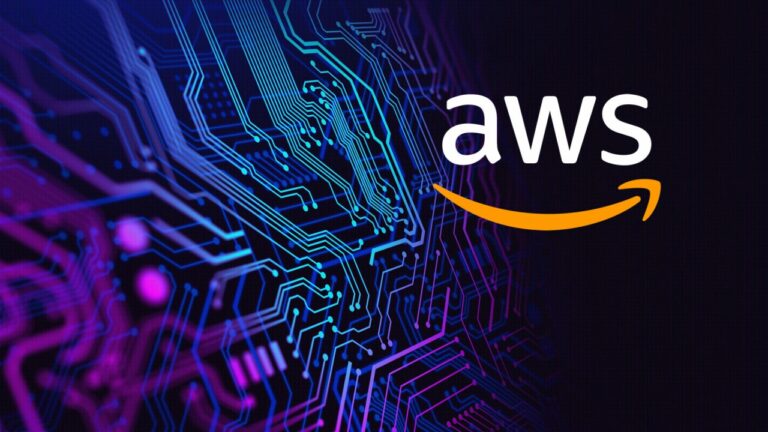 Photo of a computer motherboard with an AWS logo at right