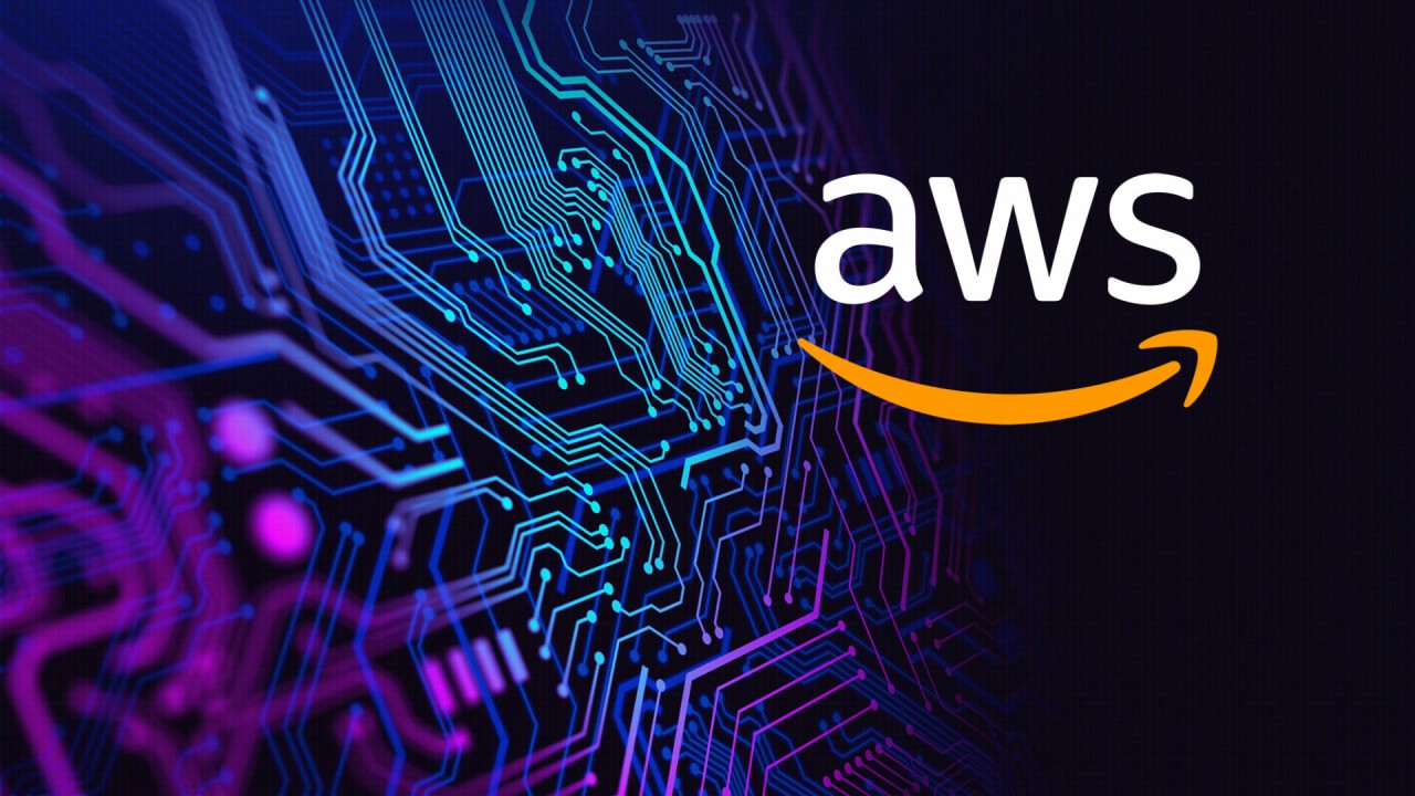 Photo of a computer motherboard with an AWS logo at right