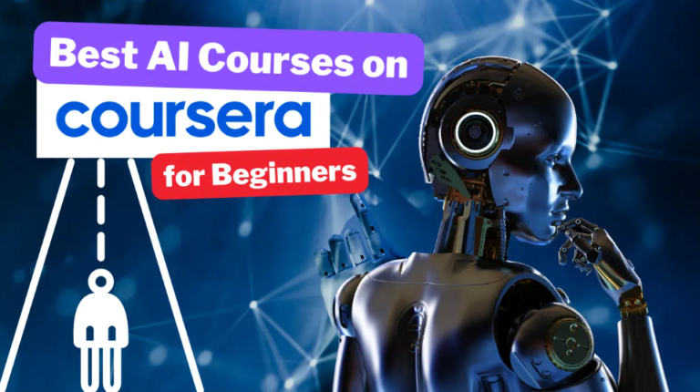 A poster from Coursera showing a robot with the words Best AI Courses on Coursera