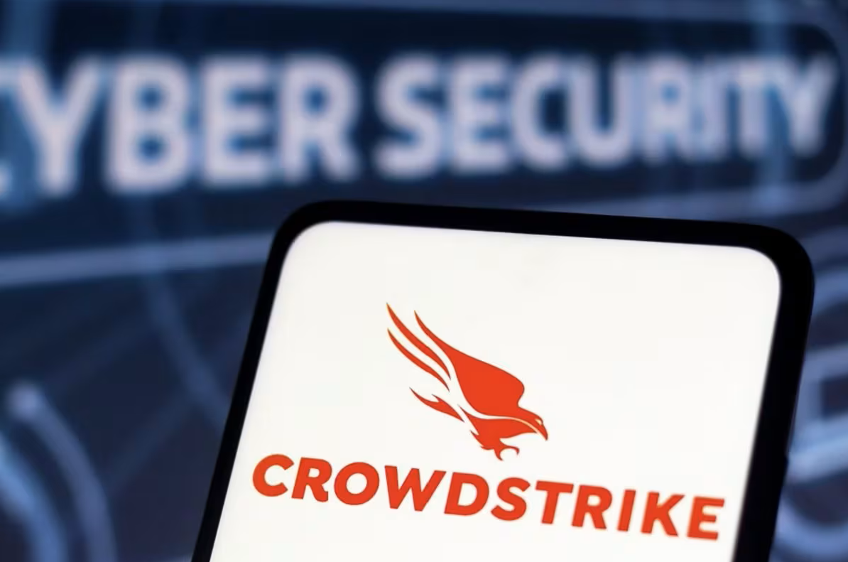 CrowdStrike logo with the words cyber security to show how the brand has become a household name, but not in a good way