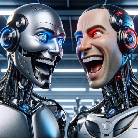 Two robot faces, one with AI and the other human, that illustrate how ChatGPT outshines humans in humor