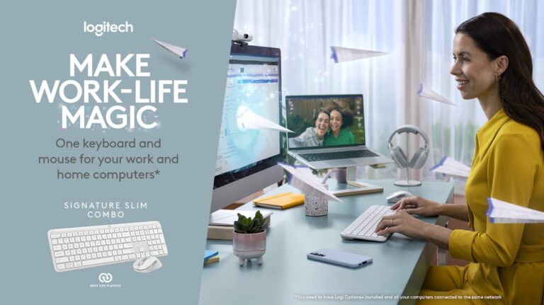 Poster of a woman using Logitech's new Signature Slim Combo MK950 mouse and keyboard