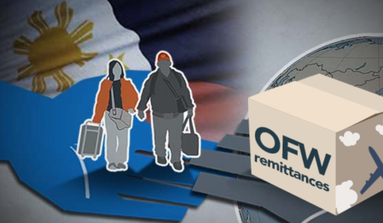 Caricature showing a male and female OFW walking hand in hand, with Philippine flag and the words OFW remittances in the background