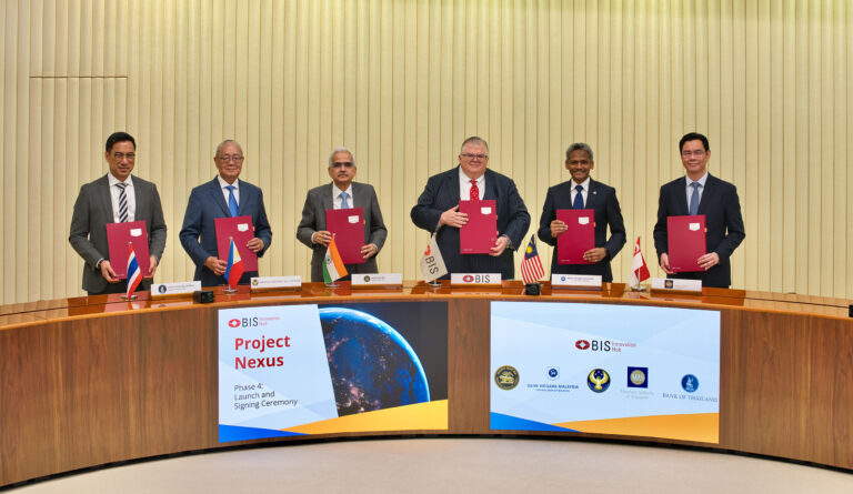 Photo shows Bangko Sentral ng Pilipinas Governor Eli M. Remolona Jr. together with other bank executives during the launch of Project Nexus Phase 4 in Basel, Switzerland