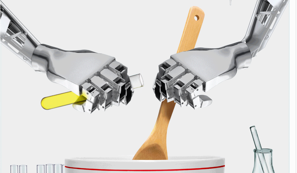 Google's Gemini, an AI-based app, used to create new recipes, as shown in 2 robotic hands mixing a bowl