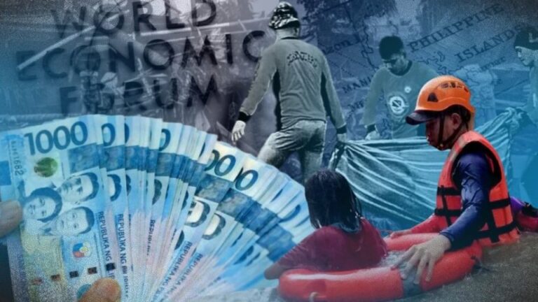 Image of P1,000 bills and a man in orange vest saving a person during a flood as part of a BSP report on PH economy saying consumers are now upbeat while businesses tread carefully in Q3 2025