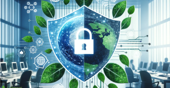 Cybersecurity meets sustainability is depicted here through a poster showing a shield with lock and green leaves all around