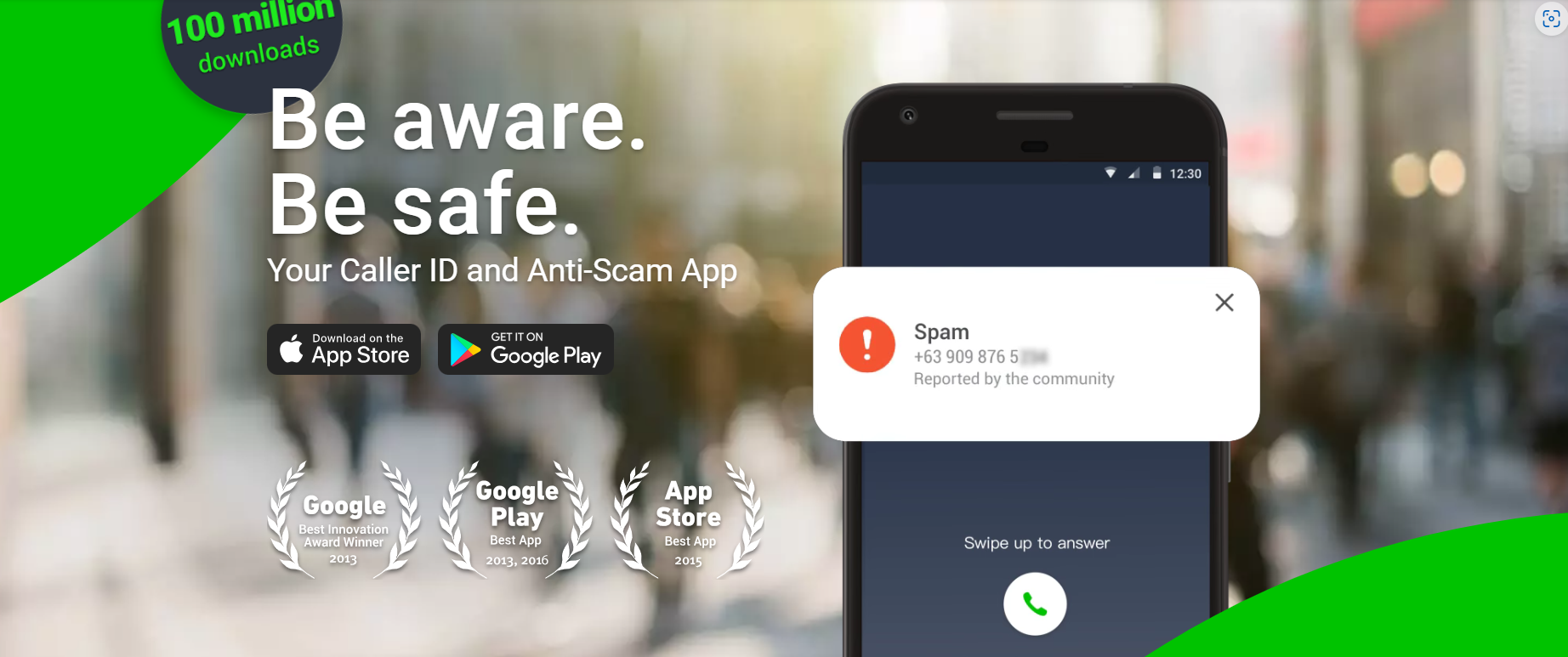 Cybersecurity threats are growing says Whoscall, an anti-spam program illustrated in a mobile phone and the words "Be Aware. Be Safe"
