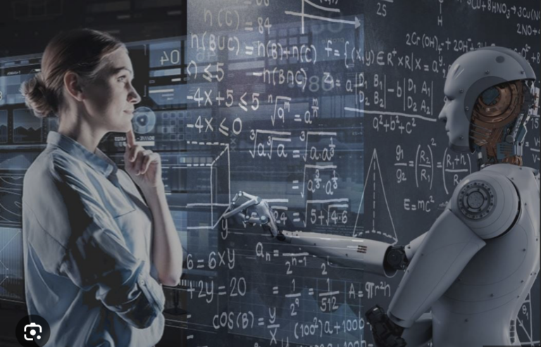 Image showing a human and a robot doing computations on a blackboard to show how AI can help drive productivity and growth